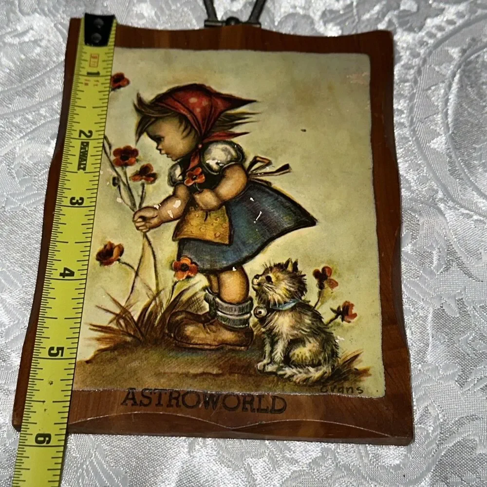 Vintage Evans Wooden Wall Hanging - Girl & Kitten
